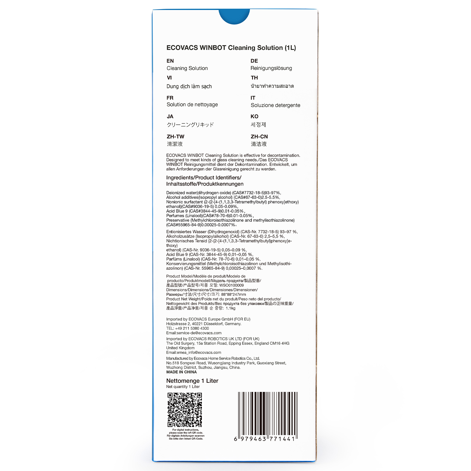 Etikett der ECOVACS WINBOT Reinigungslösung (1L) mit Inhaltsstoffen, Warnhinweisen und Barcode.