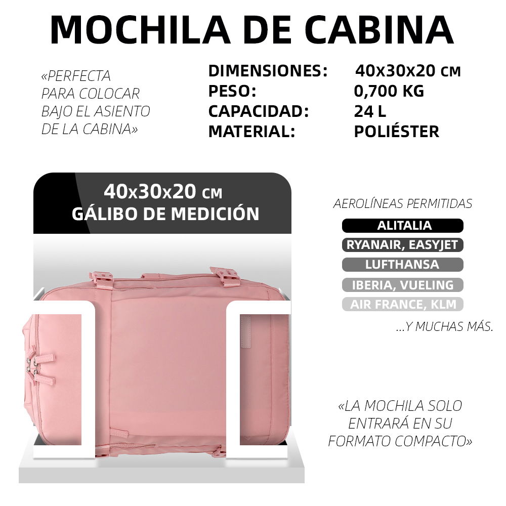 Infografía que muestra una mochila de cabina rosa en un medidor de 40x30x20 cm.