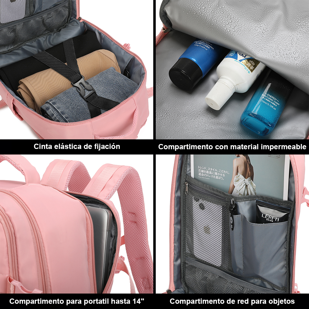 Cuatro imágenes muestran características de una mochila rosa: correas, compartimento impermeable, espacio para portátil y bolsillos de red.