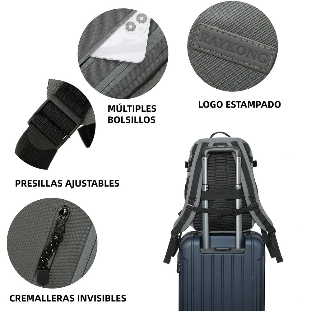 Mochila gris sobre maleta, con detalles en zoom de bolsillos, logo, correas ajustables y cremalleras.