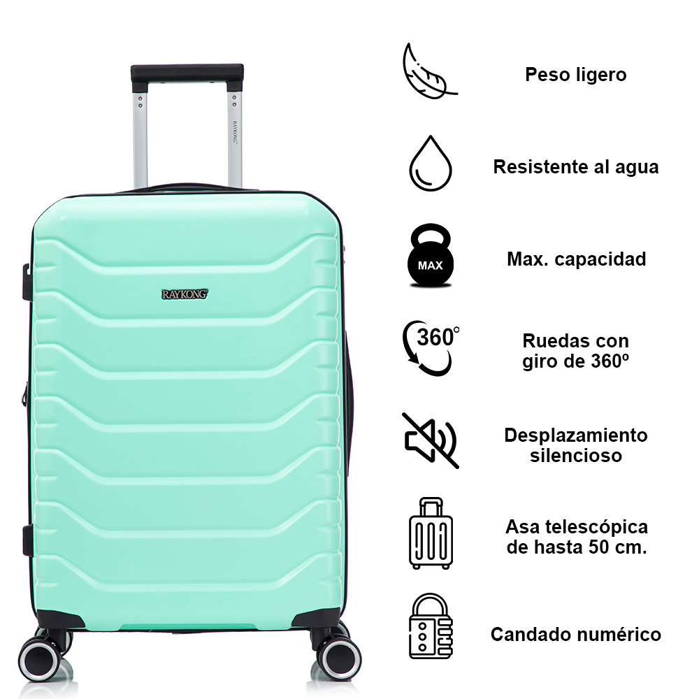 Maleta verde menta con iconos que muestran peso ligero, resistencia al agua y ruedas de 360 grados.