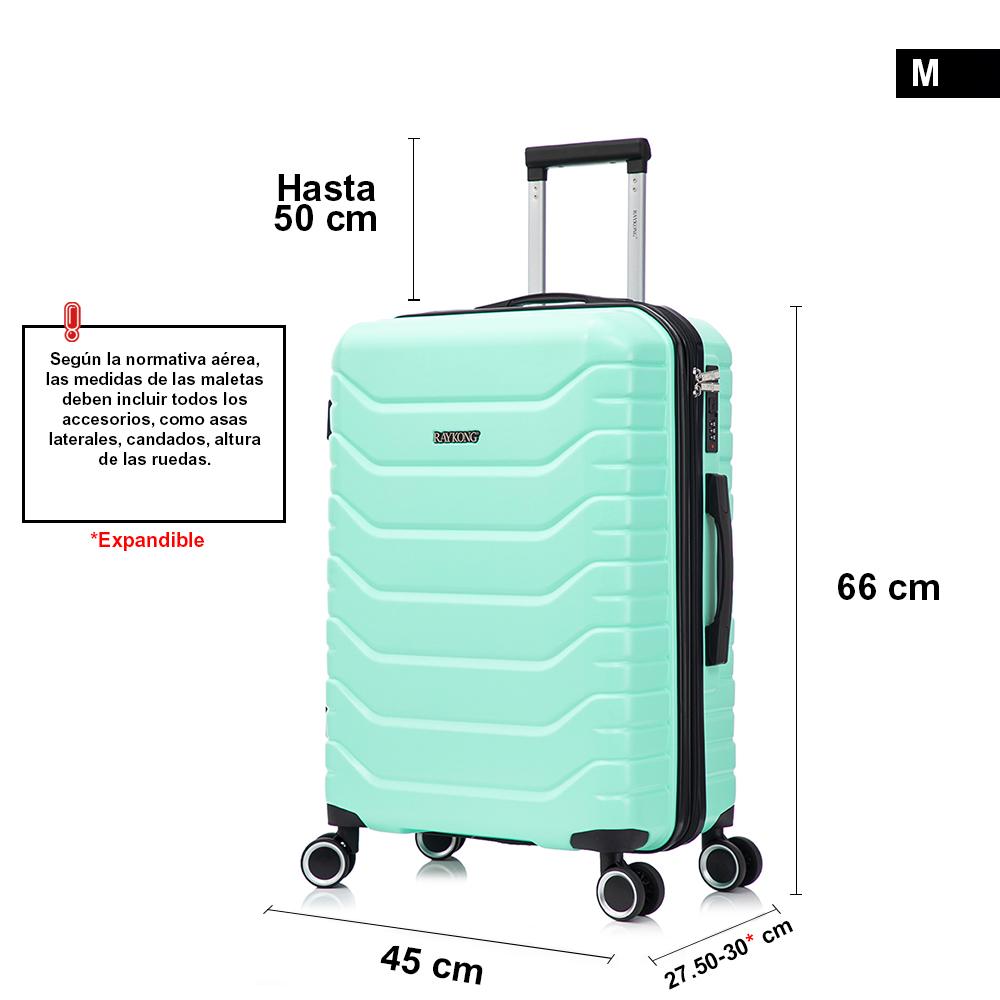 Maleta verde menta talla M con dimensiones de 66x45x30 cm y asa extensible.