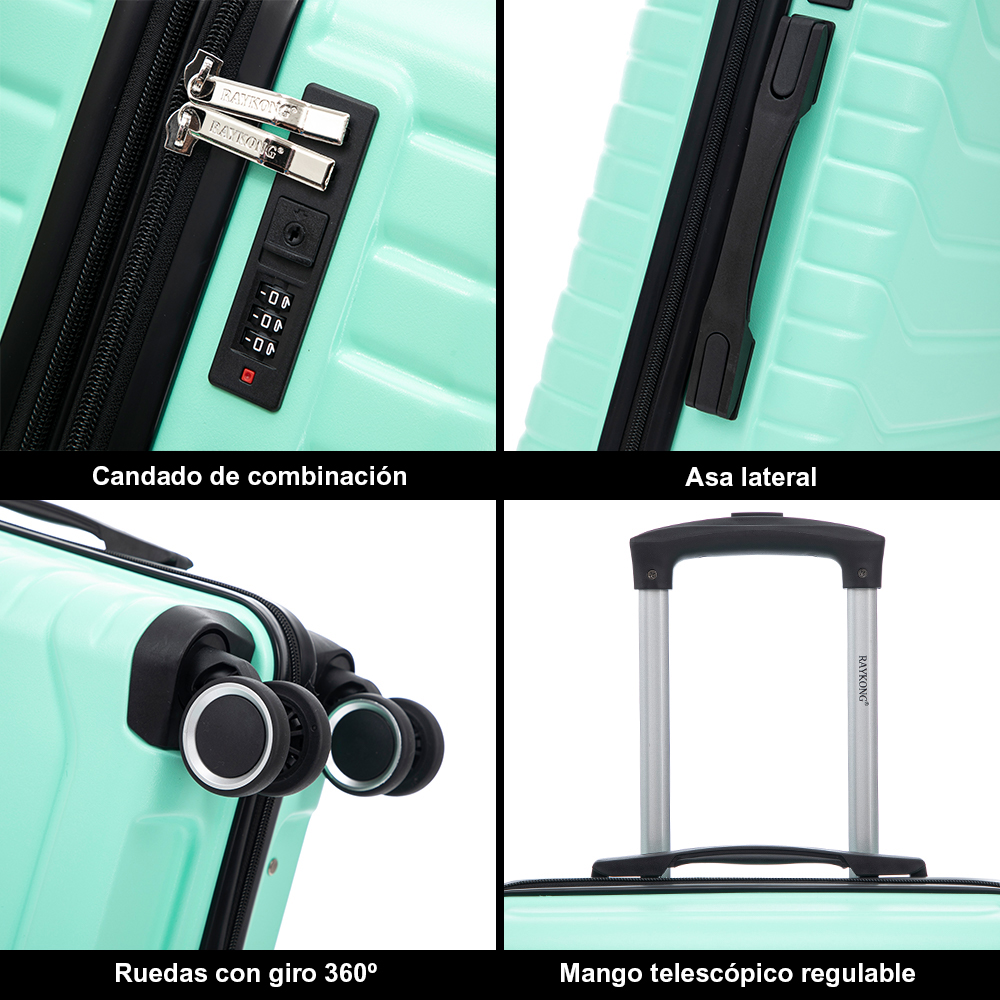 Imagen de cuatro paneles que muestra detalles de una maleta verde claro: cerradura, asa, ruedas de 360° y mango telescópico.