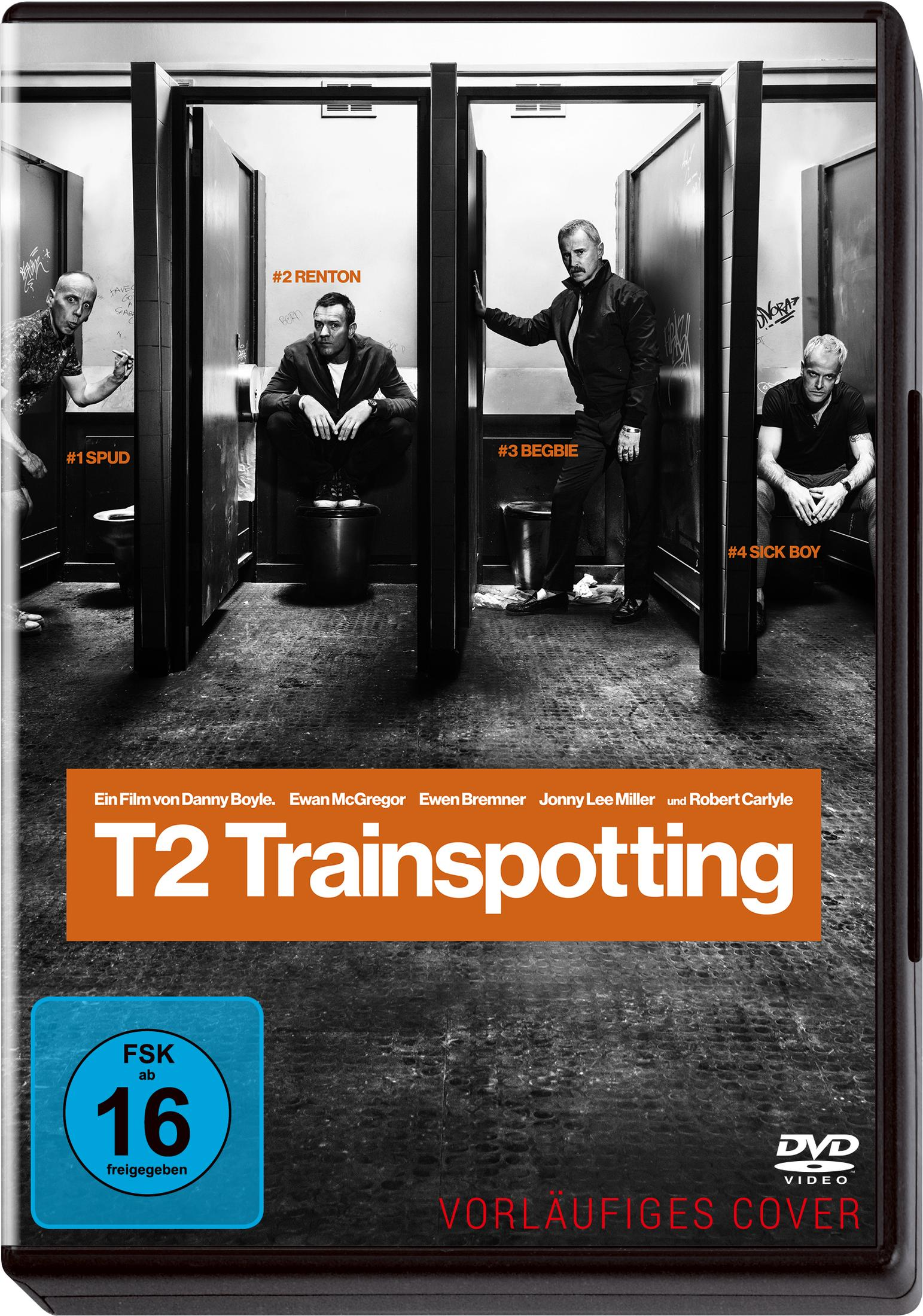 Schwarz-Weiße T2 Trainspotting DVD-Hülle mit vier Männern in Toilettenkabinen und dem orangen Filmtitel.