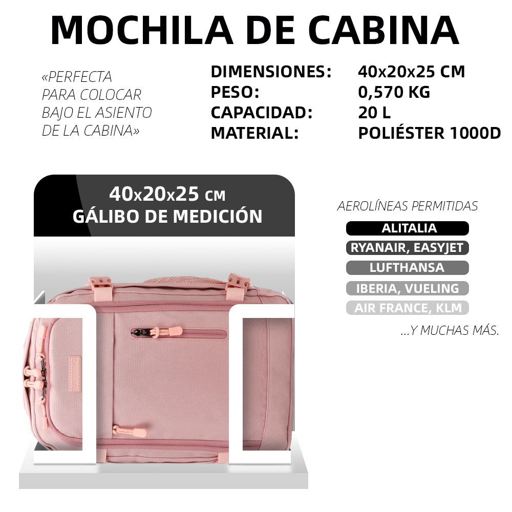 Mochila de cabina rosa 40x20x25 cm, 20L, ligera, apta para aerolíneas.