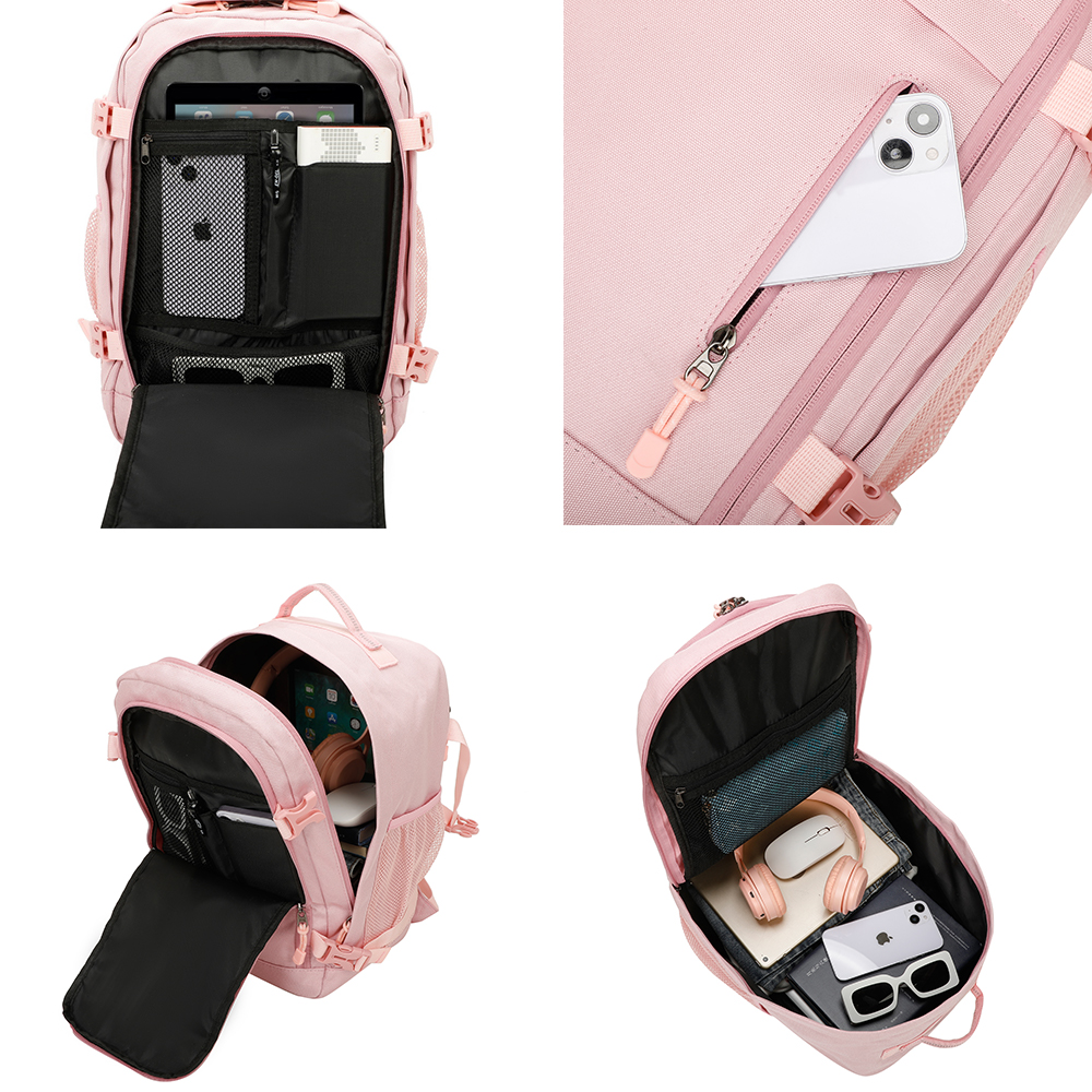 Una mochila rosa abierta muestra varios compartimentos organizados con dispositivos electrónicos y accesorios.