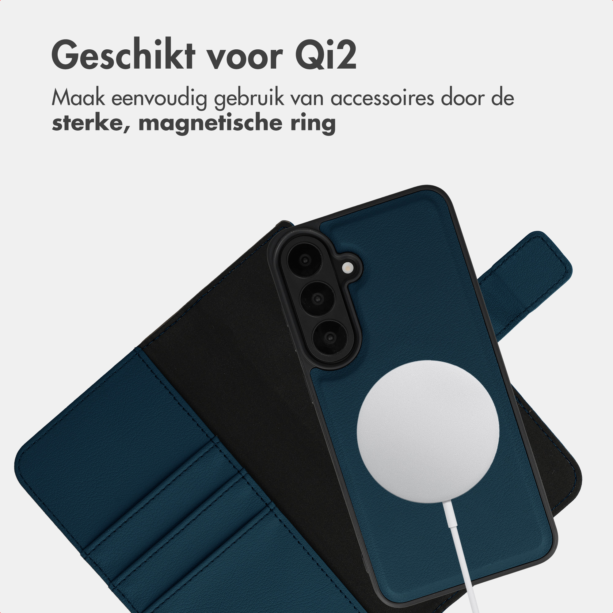 Qi2-kompatible blaue Handyhülle mit integriertem Magnetring und Kartenfächern.