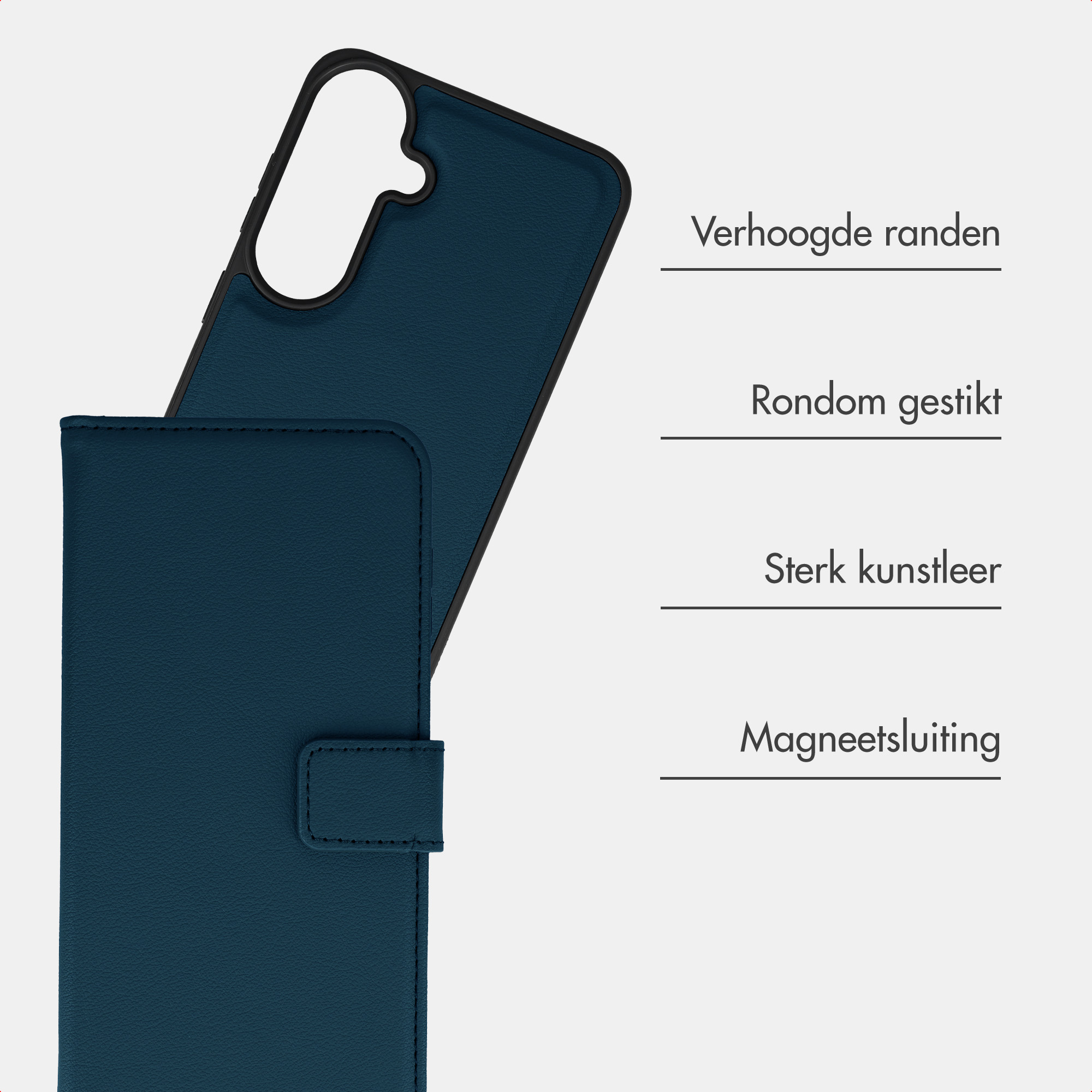 Blauue Leder-Handyhülle mit Magnetverschluss und Texten, die Funktionen auf Niederländisch hervorheben.