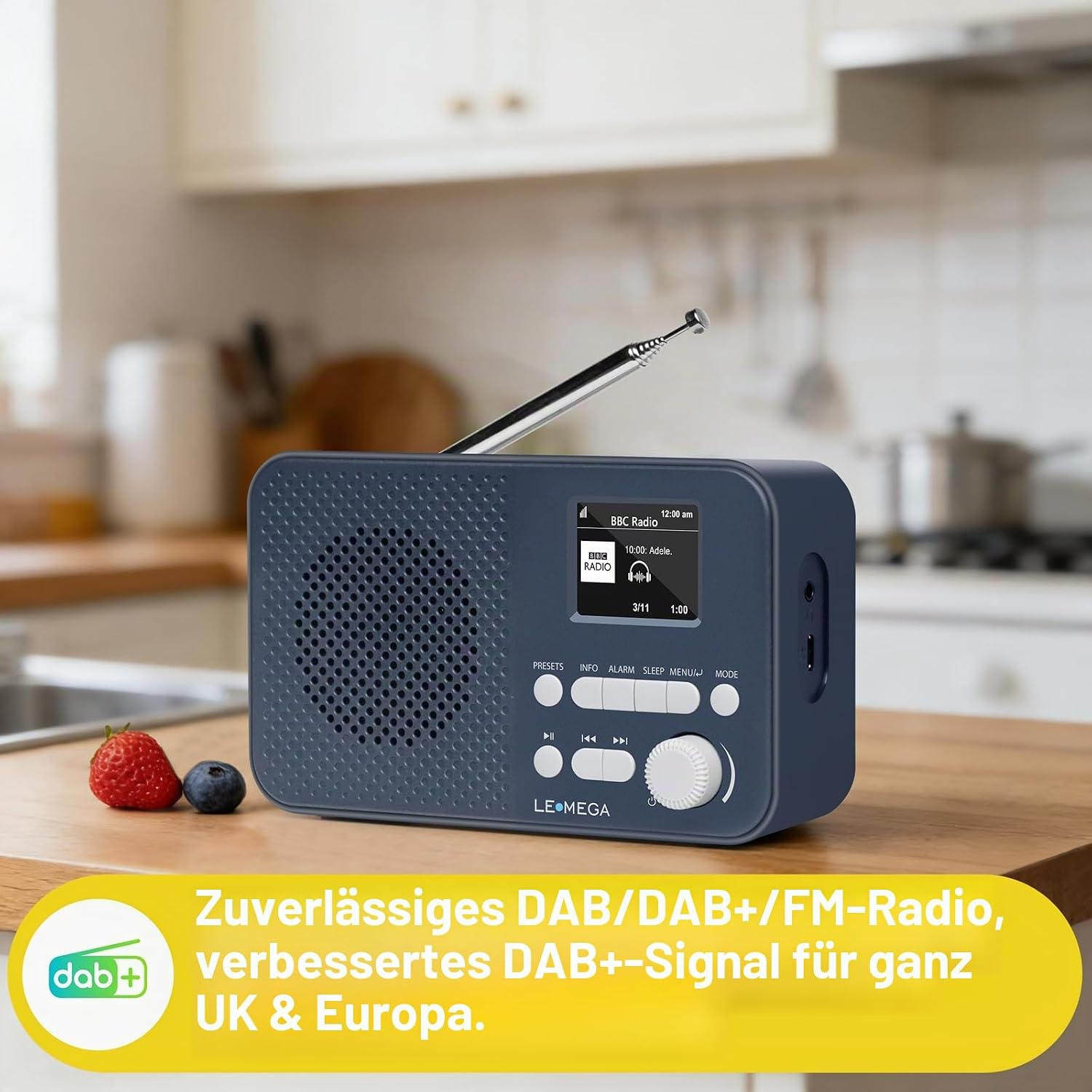 Blaues LeMega DAB/FM-Radio auf einer Holzarbeitsplatte in einer Küche, mit Erdbeere und Blaubeere links.