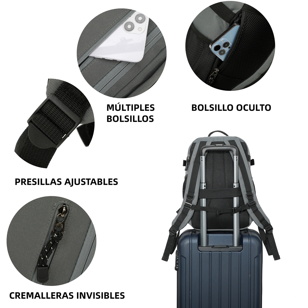 Mochila gris sobre maleta con correa para equipaje, presillas ajustables, bolsillos y cremalleras.