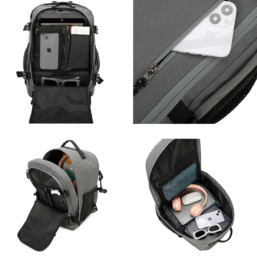 Mochila gris con múltiples compartimentos, dispositivos, teléfono y auriculares.