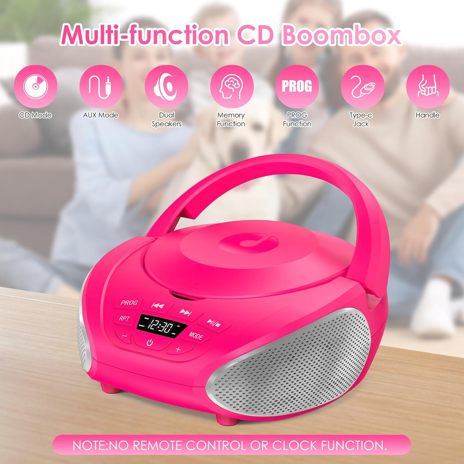 Ein pinker CD-Boombox-Player auf einem Tisch mit Symbolen, die Funktionen wie AUX-Modus und Doppellautsprecher zeigen.