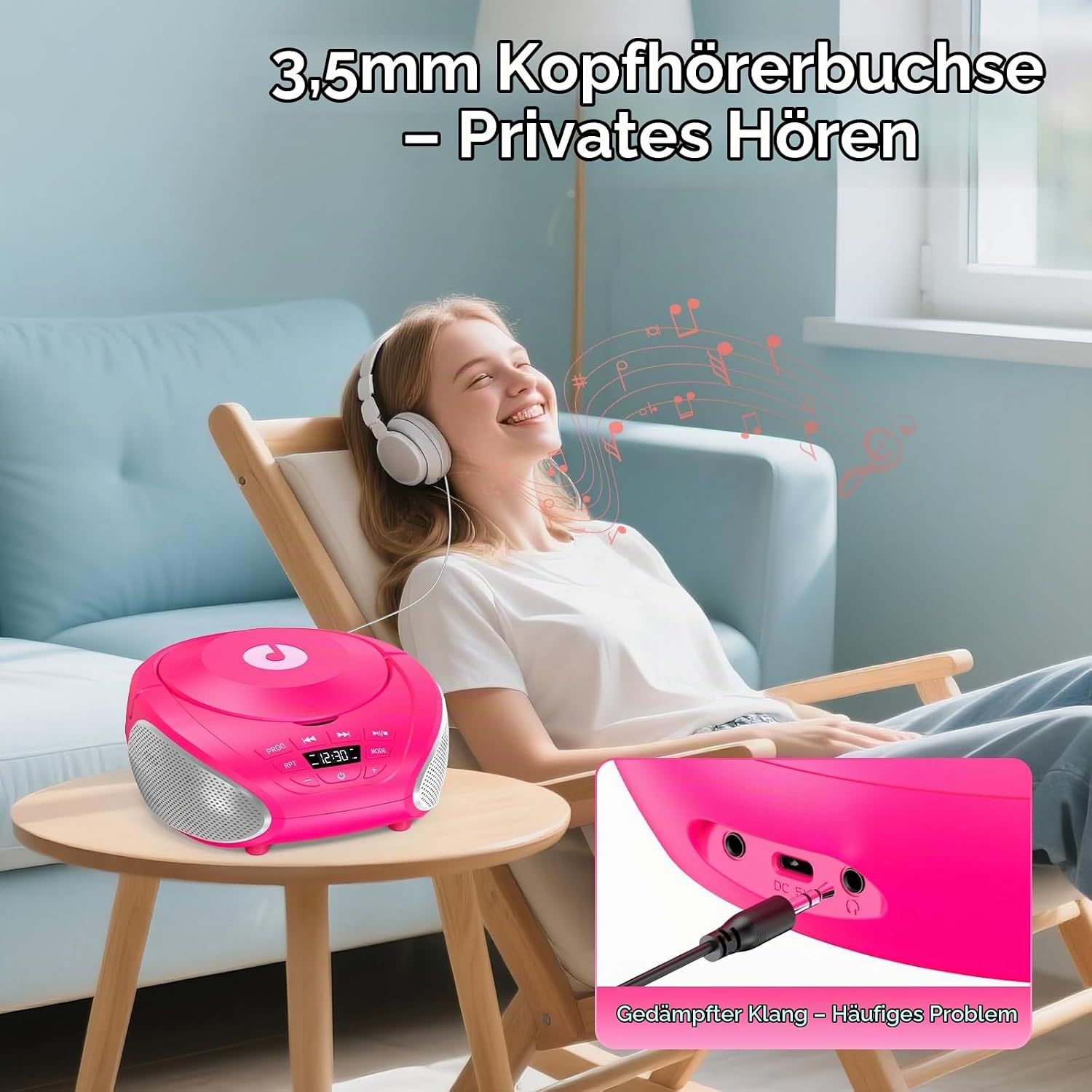 Mädchen hört Musik mit Kopfhörern von pinkem CD-Player, verbunden über Kabel.