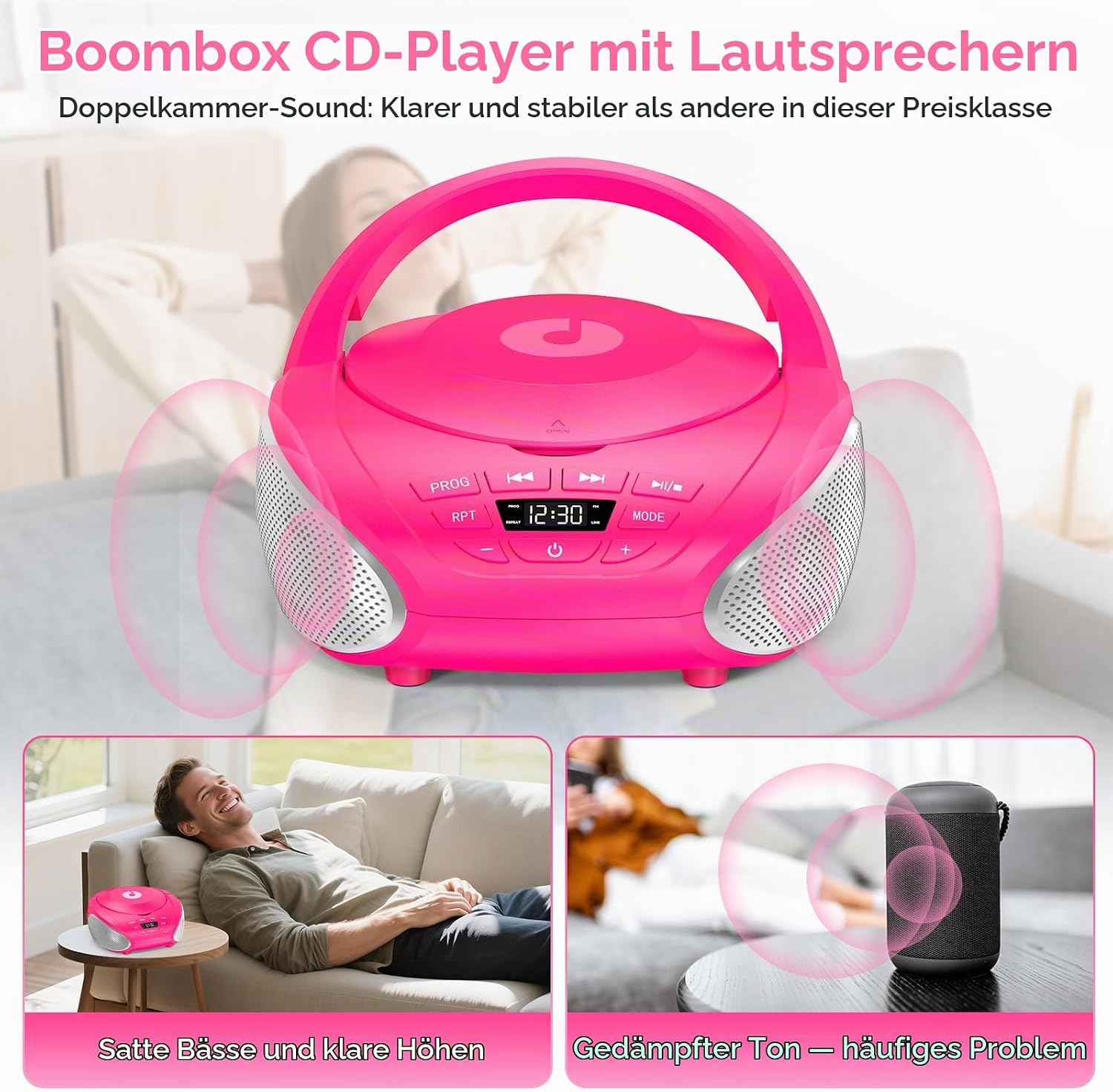 Pinker CD-Player und Vergleiche mit Mann auf Sofa.