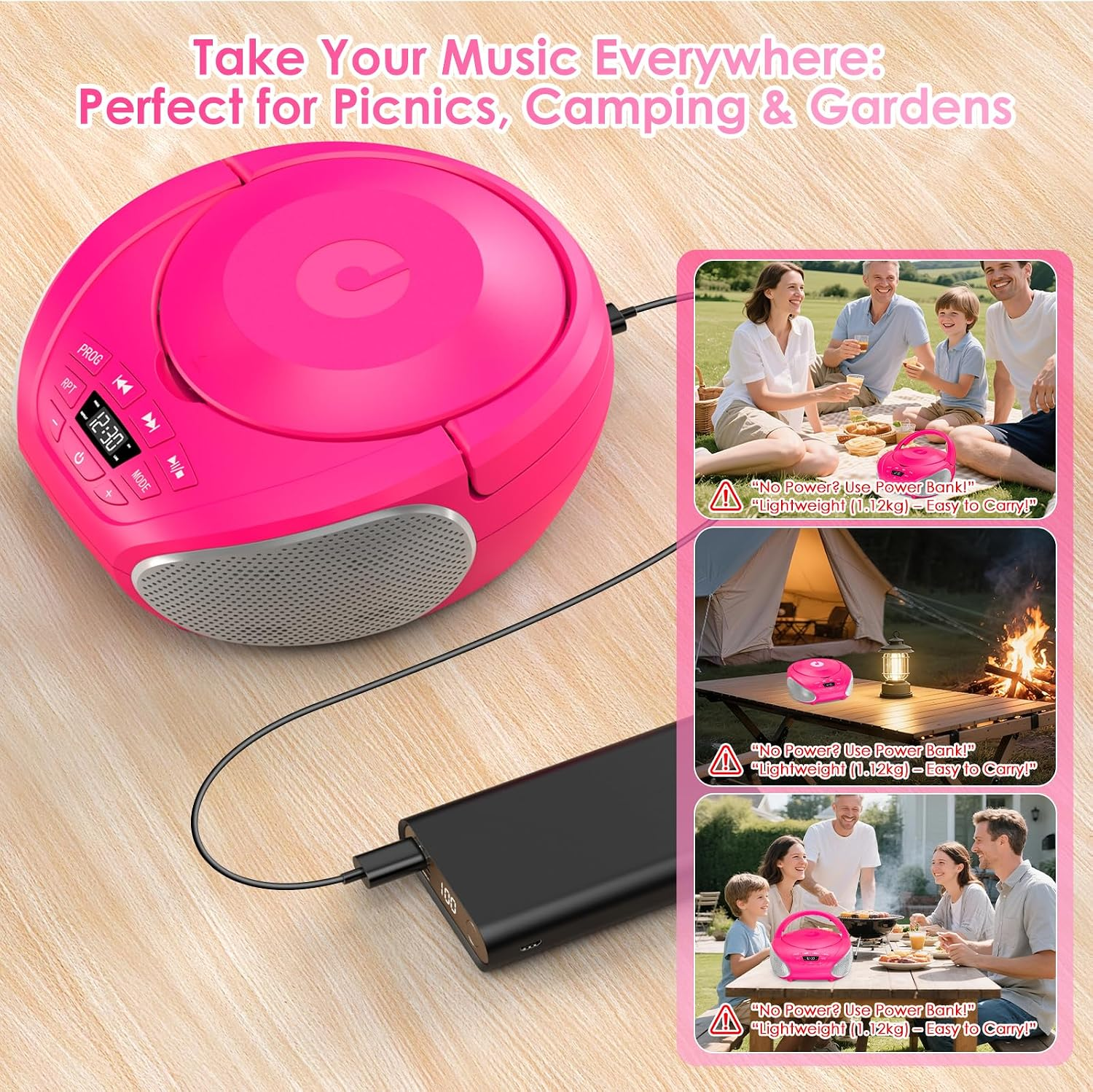 Ein pinker CD-Player verbunden mit einer Powerbank, mit Inseraten im rechten Bildrand.