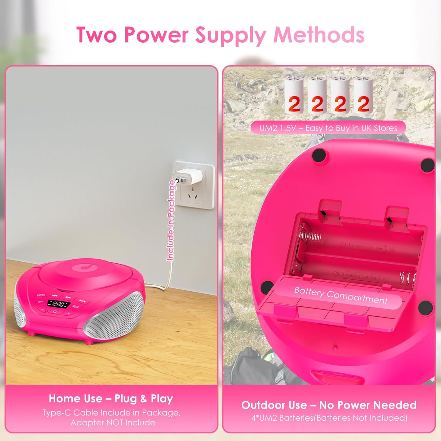 Rosa CD-Player mit zwei Stromversorgungsoptionen: per Wandstecker oder Batterien.