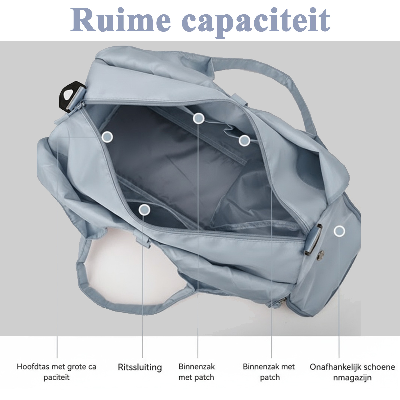 Eine graue Reisetasche mit offener Hauptkammer, Reißverschluss und verschiedenen Innentaschen.