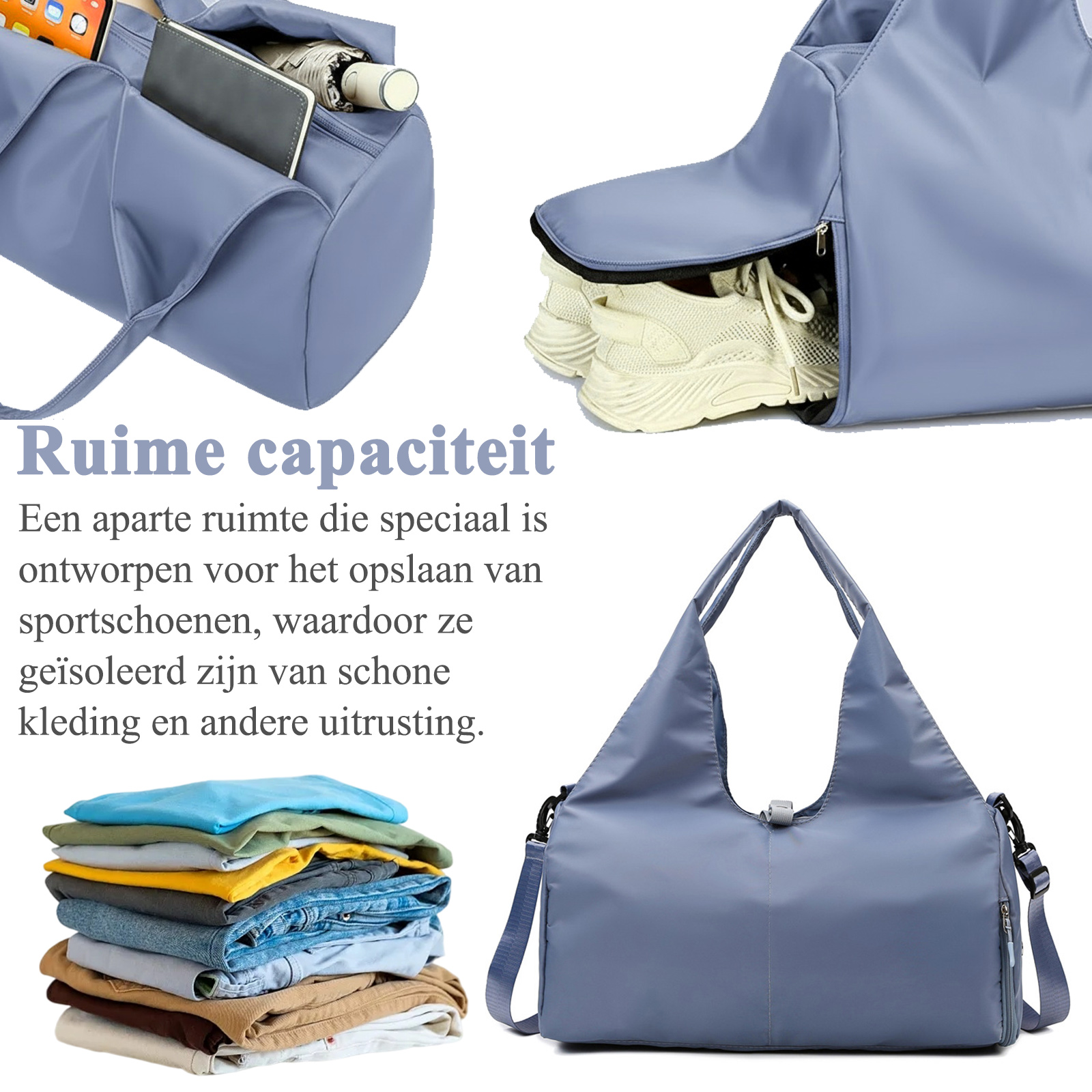 Blaue Sporttasche mit separatem Schuhfach, gefalteter Kleidung und niederländischem Text.