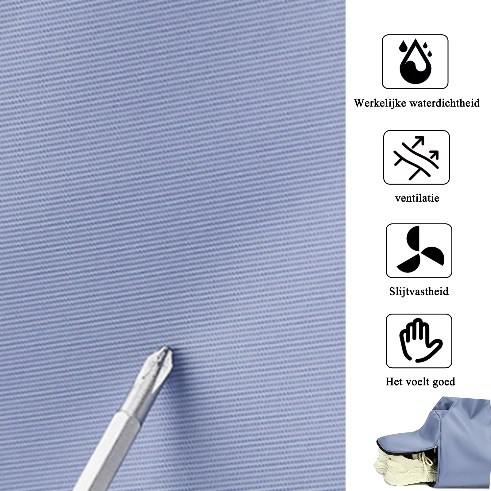 Blaue Stoffstruktur mit vier Symbolen für Eigenschaften und einer Schuhtasche.