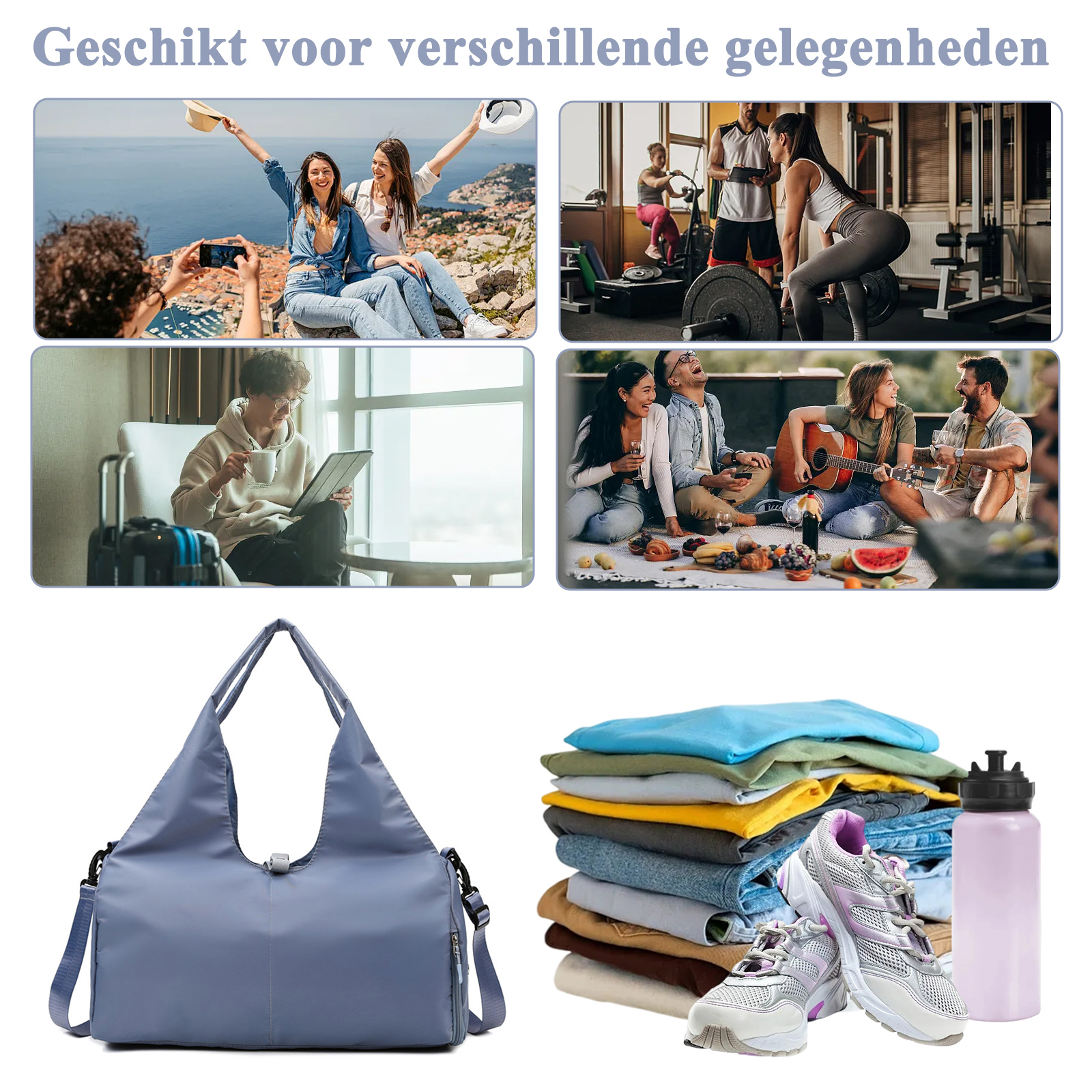 Eine Collage zeigt eine graue Reisetasche für Reisen, Fitness und Alltag, neben Kleidung und einer Trinkflasche.