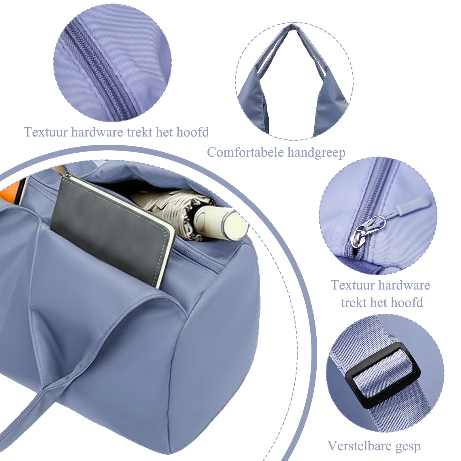 Lila Reisetasche mit Details zu Reißverschlüssen, Griff und verstellbarer Schnalle.