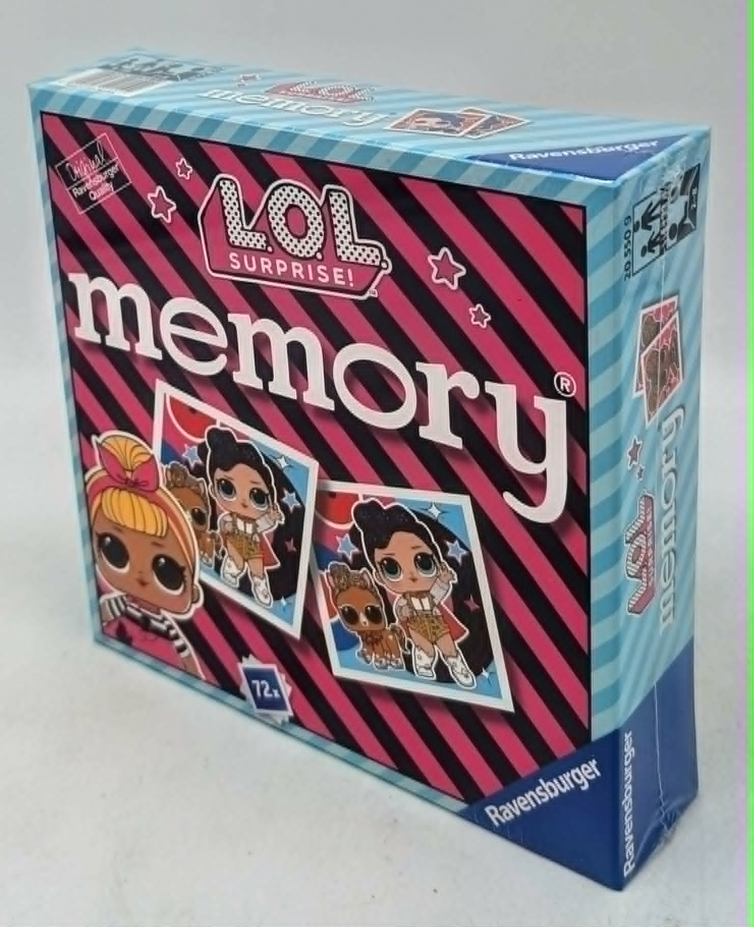 Eine blaue und rosa Ravensburger LOL Surprise Memory Spielschachtel mit Puppenillustrationen.
