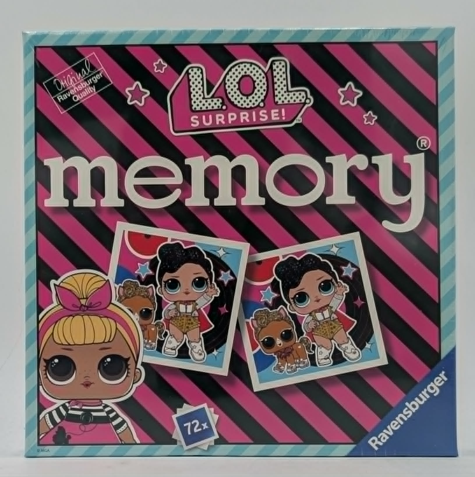 L.O.L. Surprise! Memory-Spielschachtel mit rosa-schwarzen Streifen, Puppenfiguren und Ravensburger Logo.