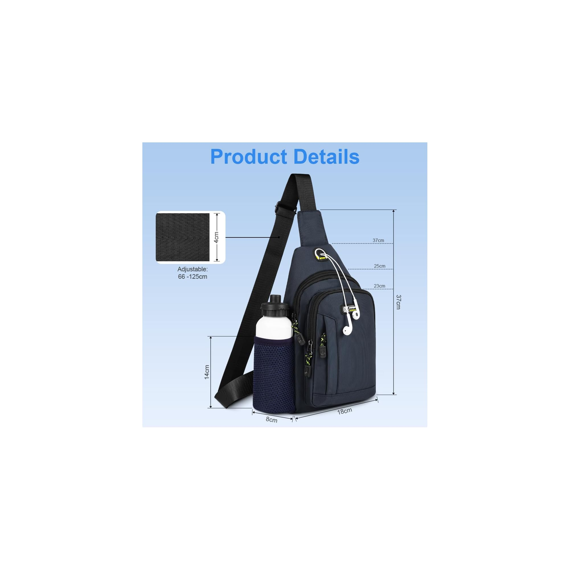 Produktabmessungen einer blauen Sling-Tasche mit Flaschenhalter und Kopfhöreranschluss.