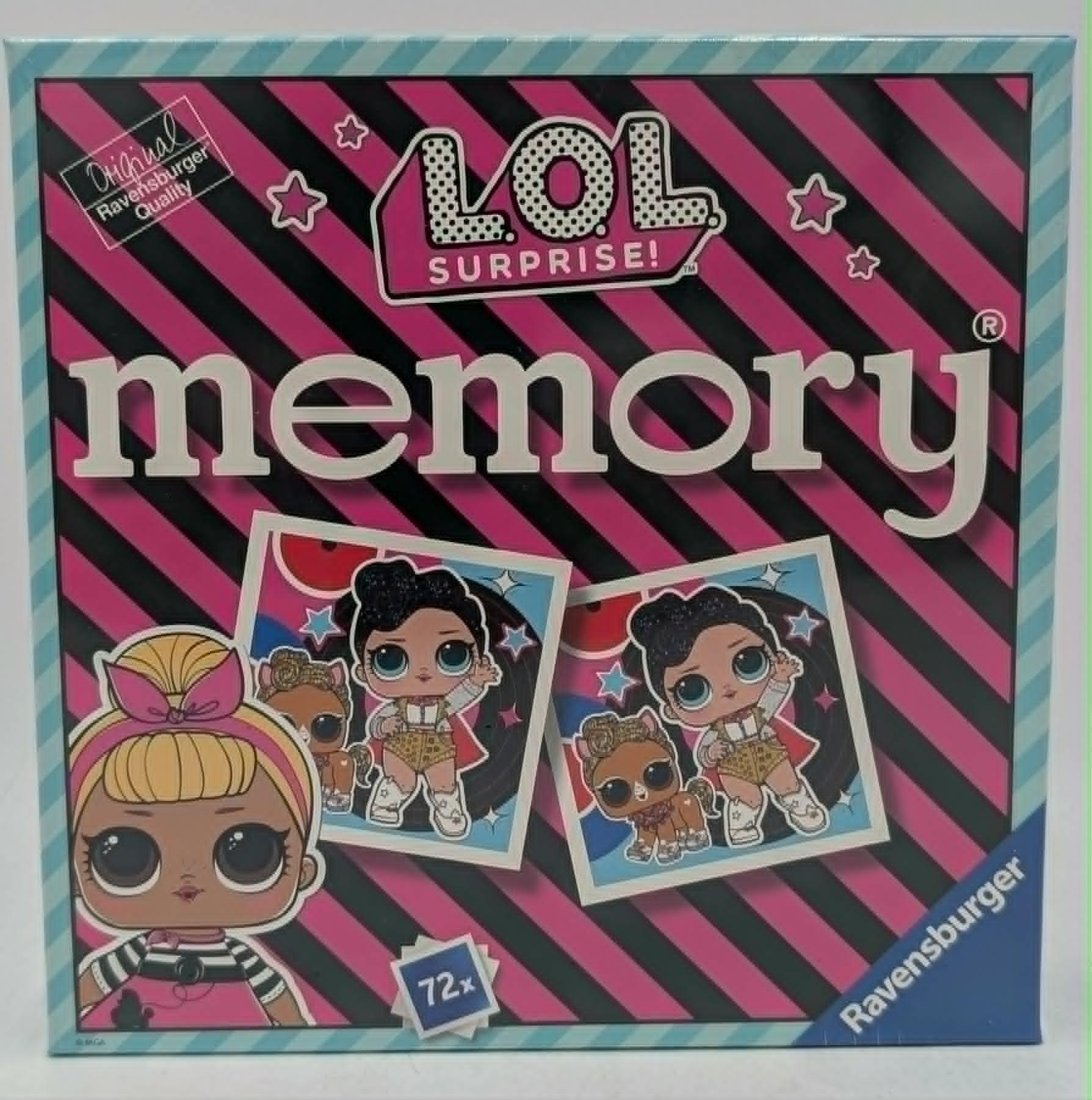 LOL Surprise Memory-Spiel von Ravensburger mit rosa-schwarzem Streifendesign und LOL-Puppen.