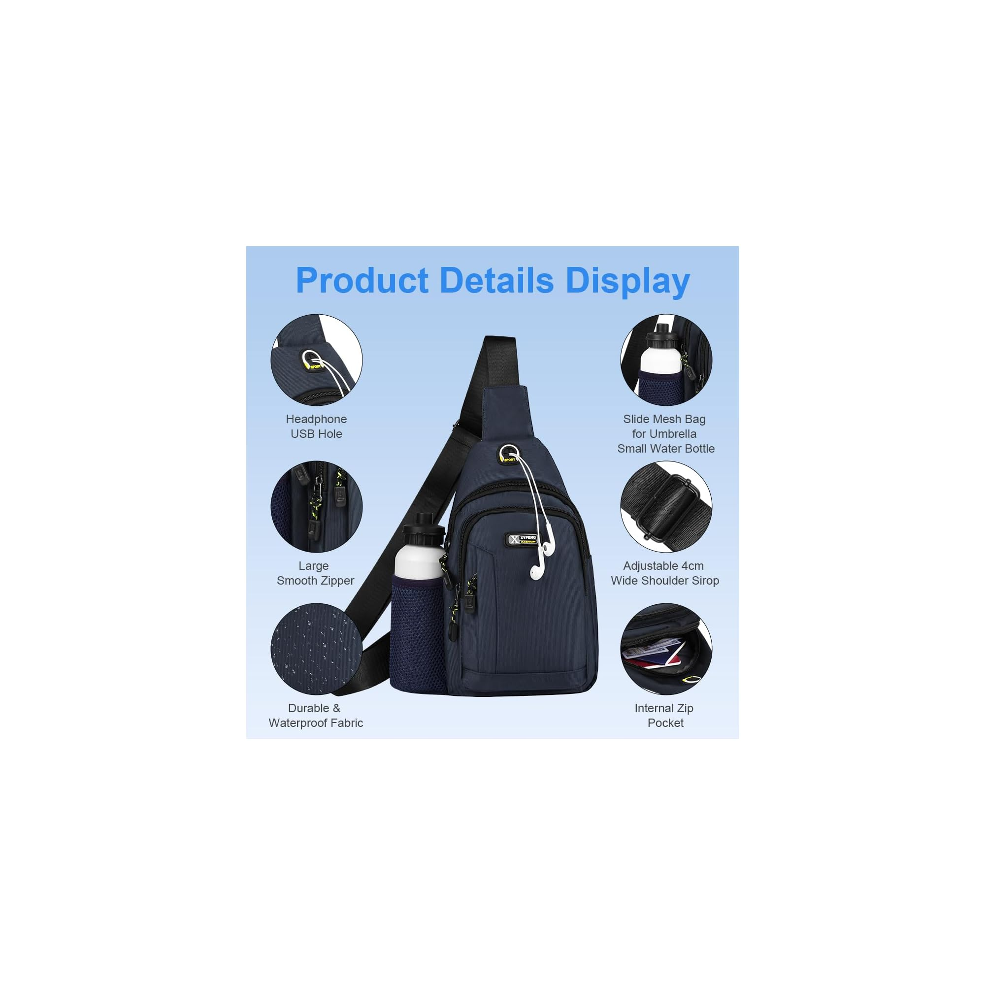 Produktübersicht einer blauen Sling-Tasche mit USB-Anschluss, Flaschenhalter und verstellbarem Schultergurt.