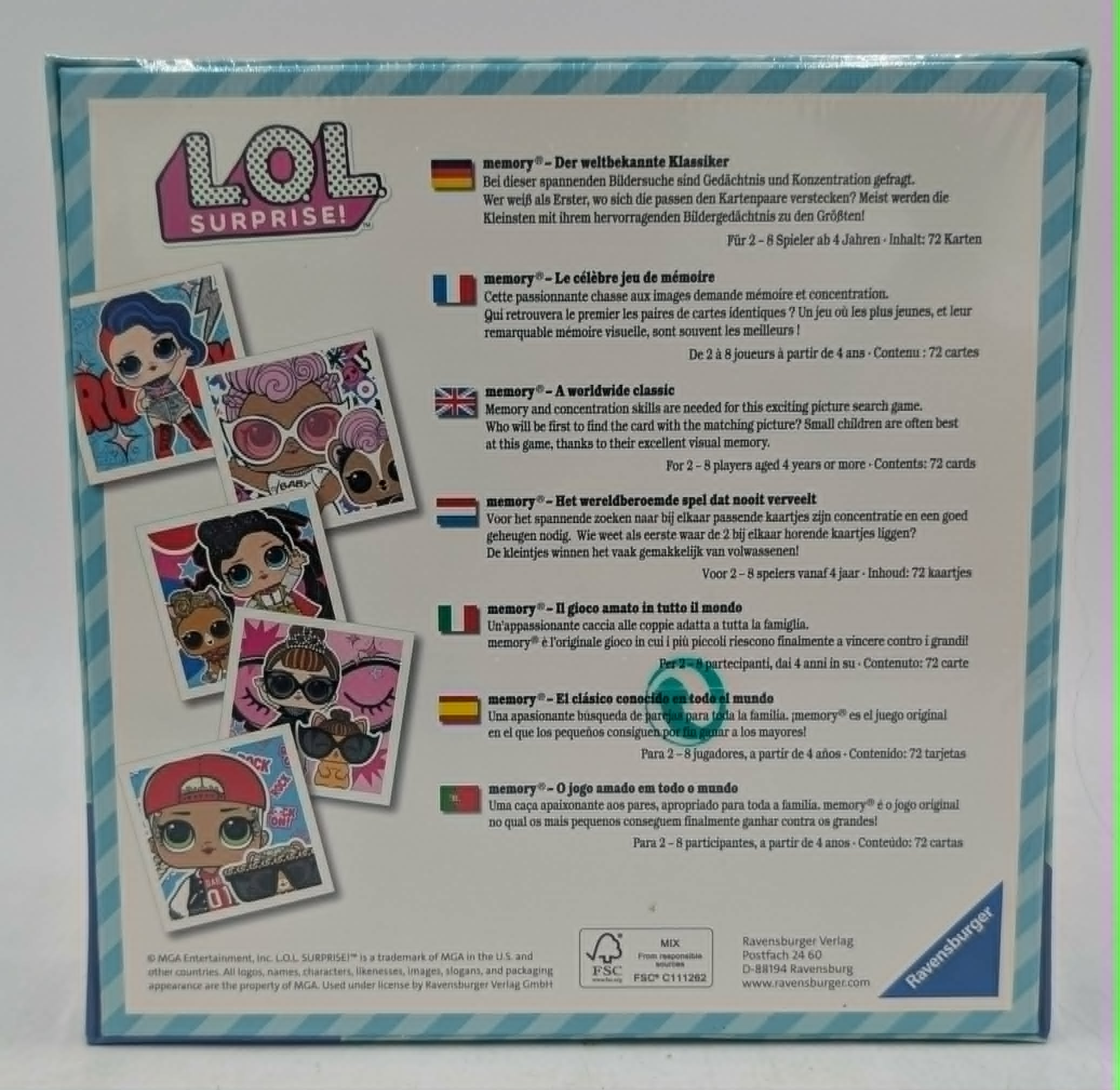 Rückseite einer LOL Surprise Memory-Spielebox mit Kartenbeispielen, mehrsprachiger Beschreibung und Ravensburger Logo.