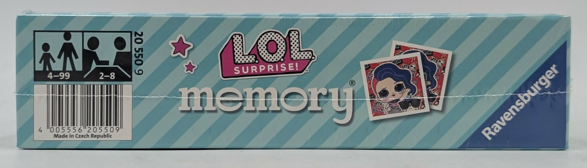 Blaue Ravensburger LOL Surprise Memory Spielschachtel mit Barcode, Alters- und Spieleranzahlsymbolen.