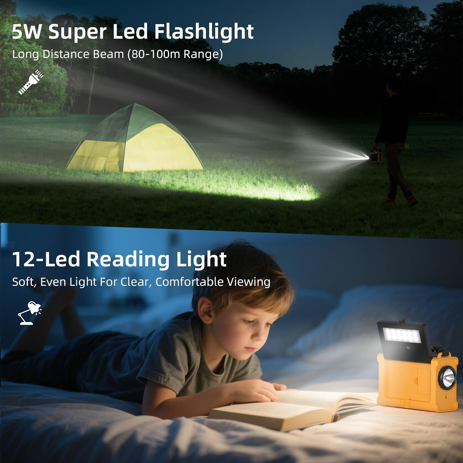 Geteilter Bildschirm zeigt eine Taschenlampe im Freien, die ein Zelt beleuchtet, und ein Kind, das im Bett liest.