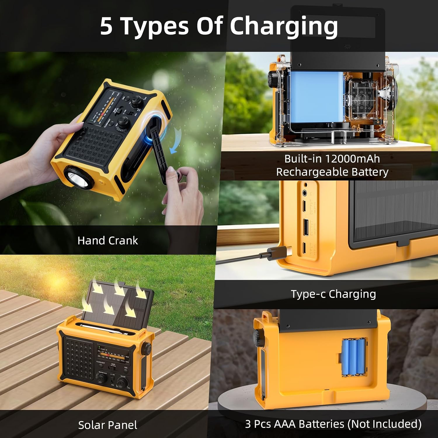 Ein Bild mit 5 Ladearten für ein gelbes Notfallradio, einschließlich Kurbel, Solarpanel und Batterien.