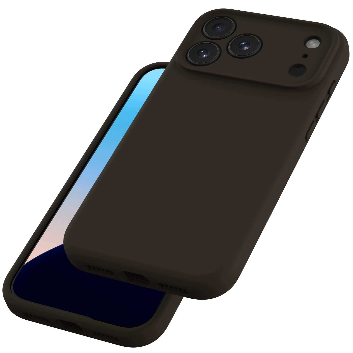 Czarny smartfon w etui ochronnym, ekran wyświetla niebieską tapetę.