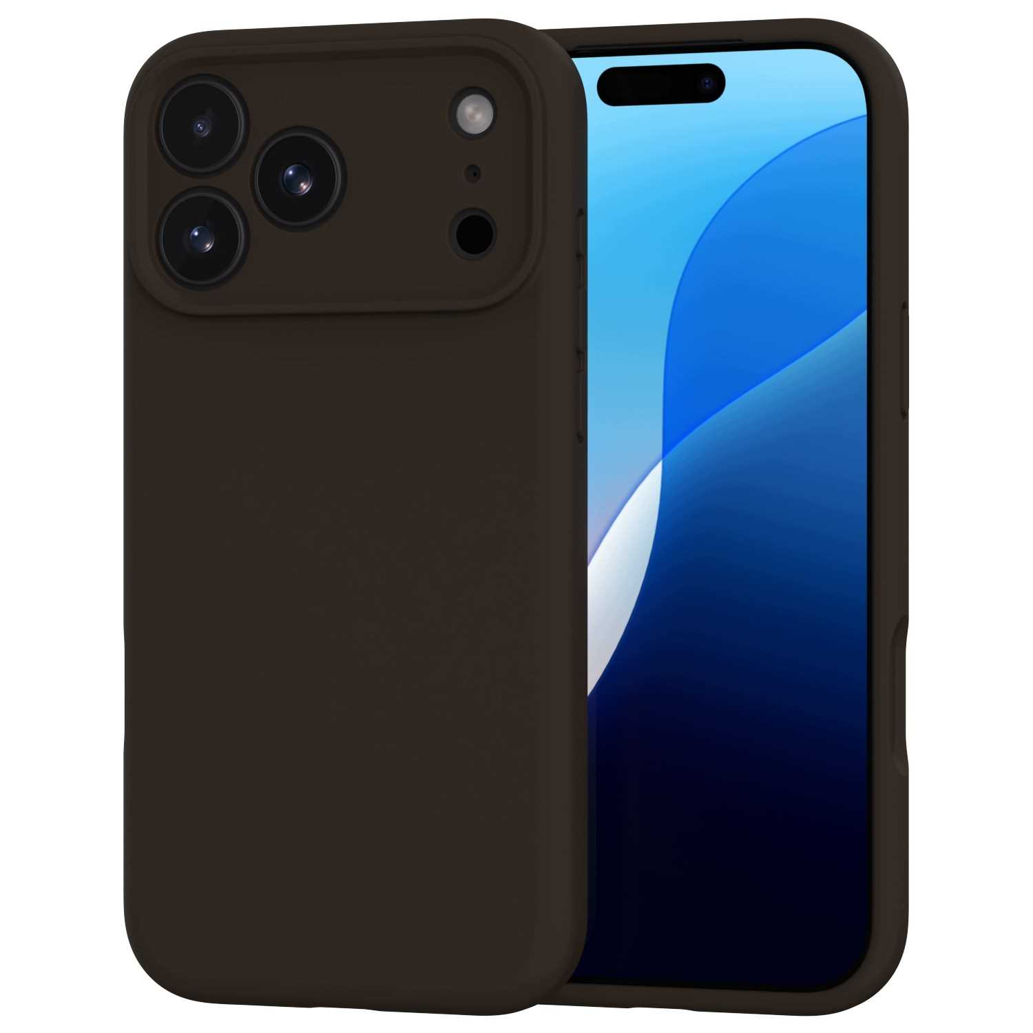 Smartfon w brązowym etui z trzema aparatami z tyłu i niebieskim ekranem.
