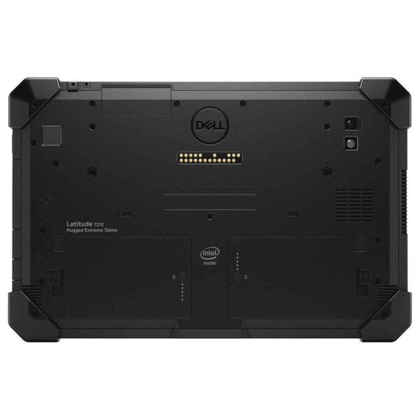 Widok z tyłu czarnego tabletu Dell Latitude 7212 Rugged Extreme z portami, aparatem i dwiema komorami baterii.