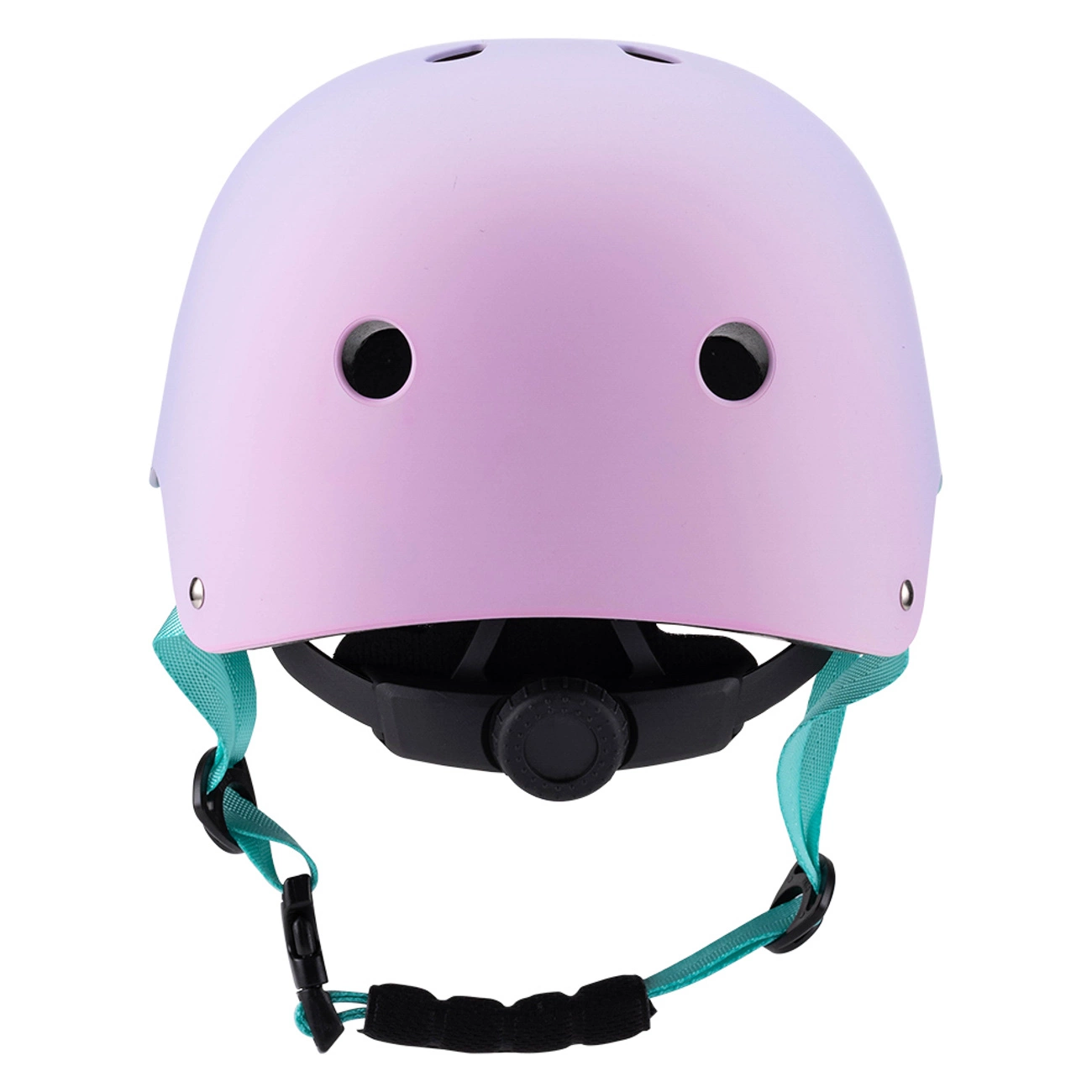 Un casco protettivo rosa con cinturini turchesi su sfondo bianco.