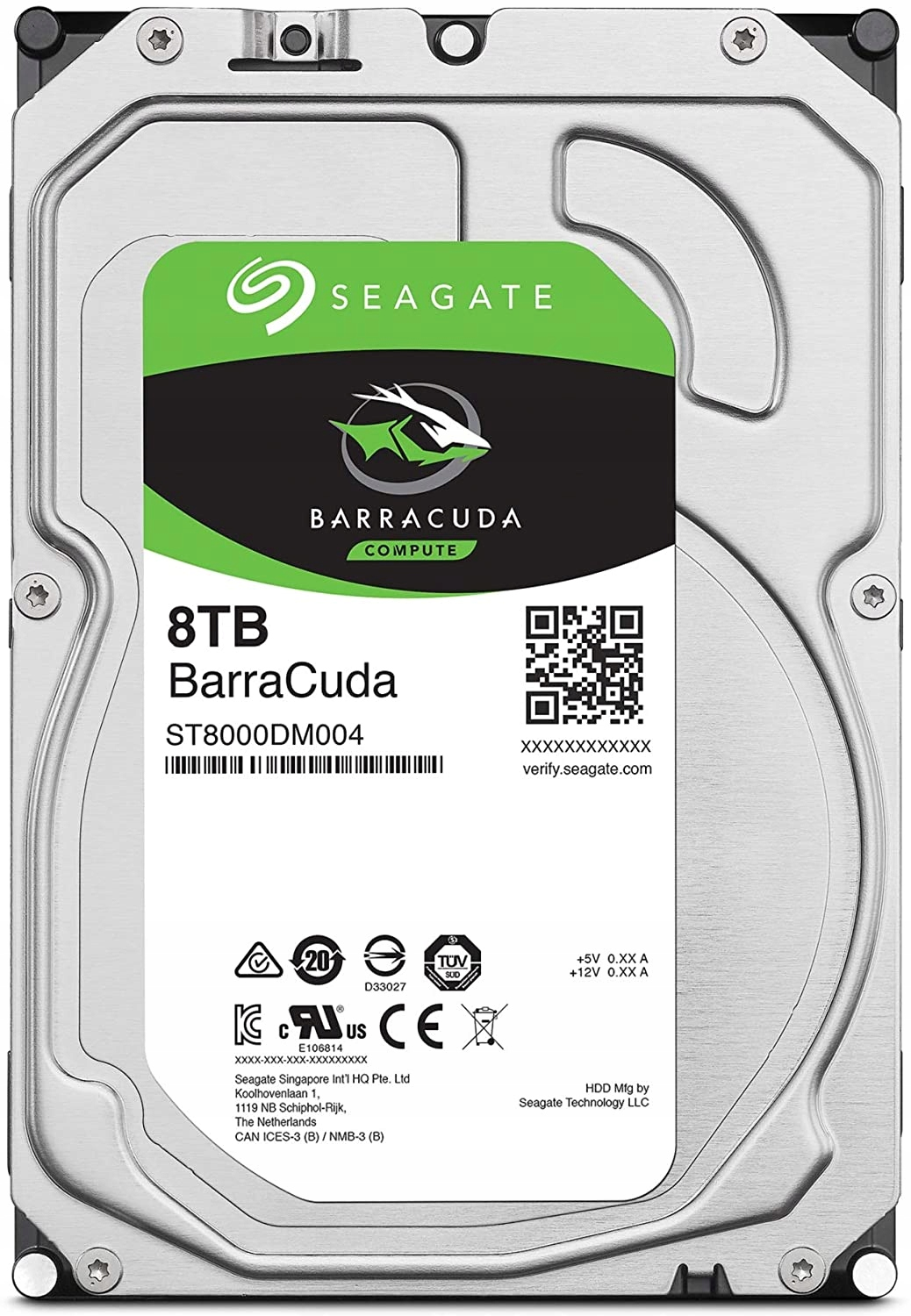 Dysk twardy Seagate Barracuda 8TB z zieloną etykietą pokazującą markę i szczegóły produktu.