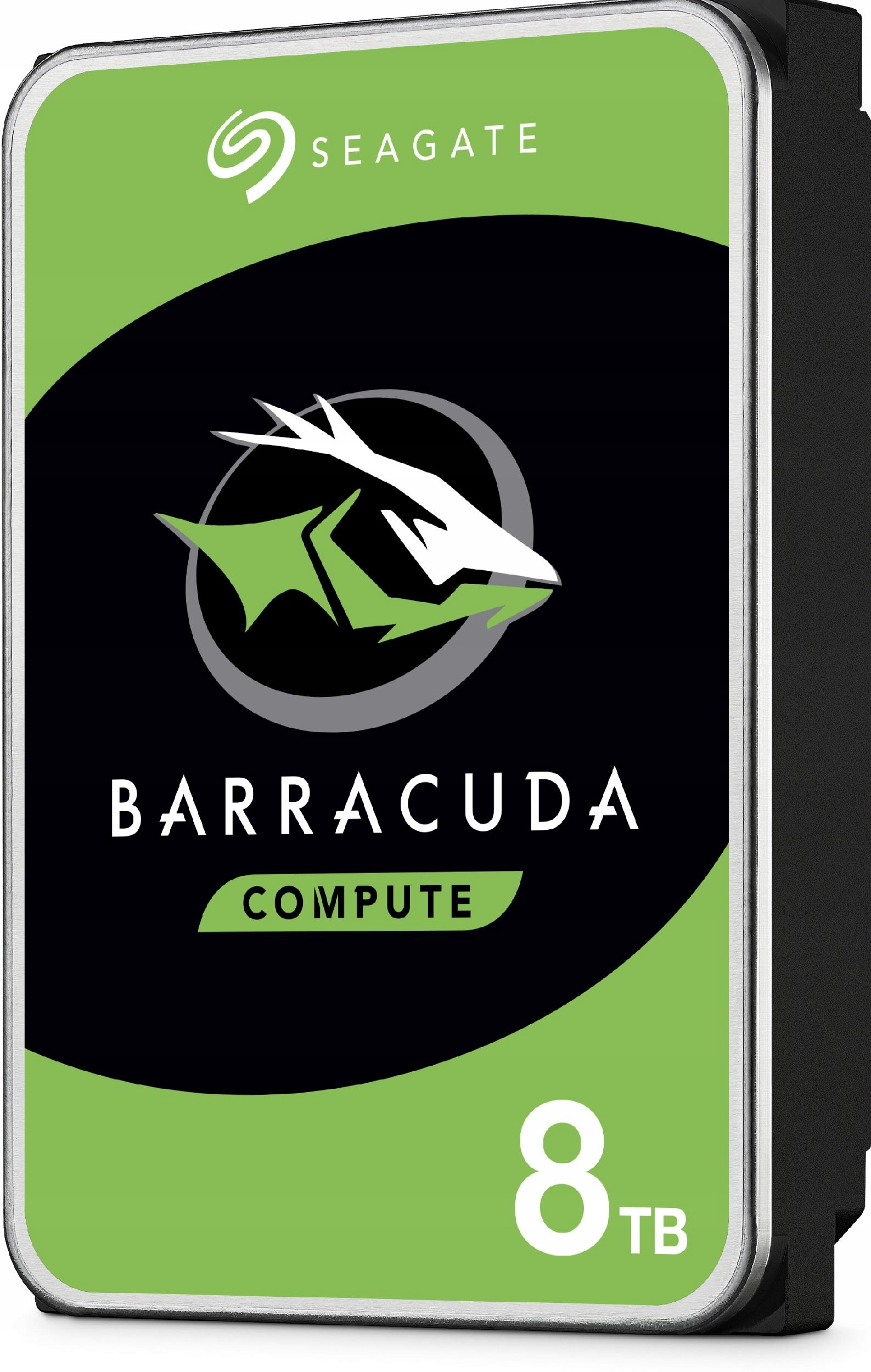 Wewnętrzny dysk twardy Seagate Barracuda Compute 8TB z zieloną, czarną i białą etykietą.