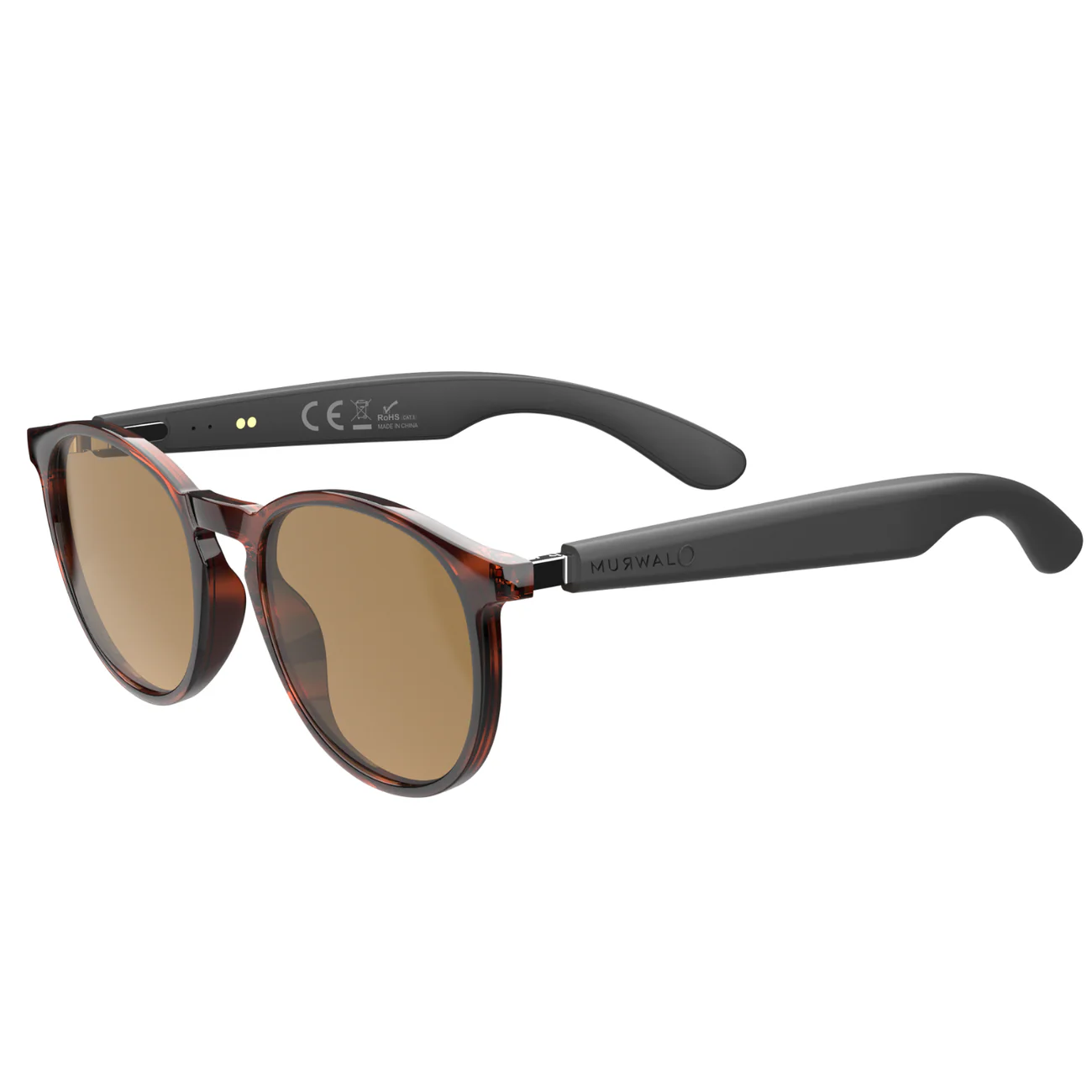 Gafas de sol carey marrón con patillas negras gruesas sobre fondo blanco.