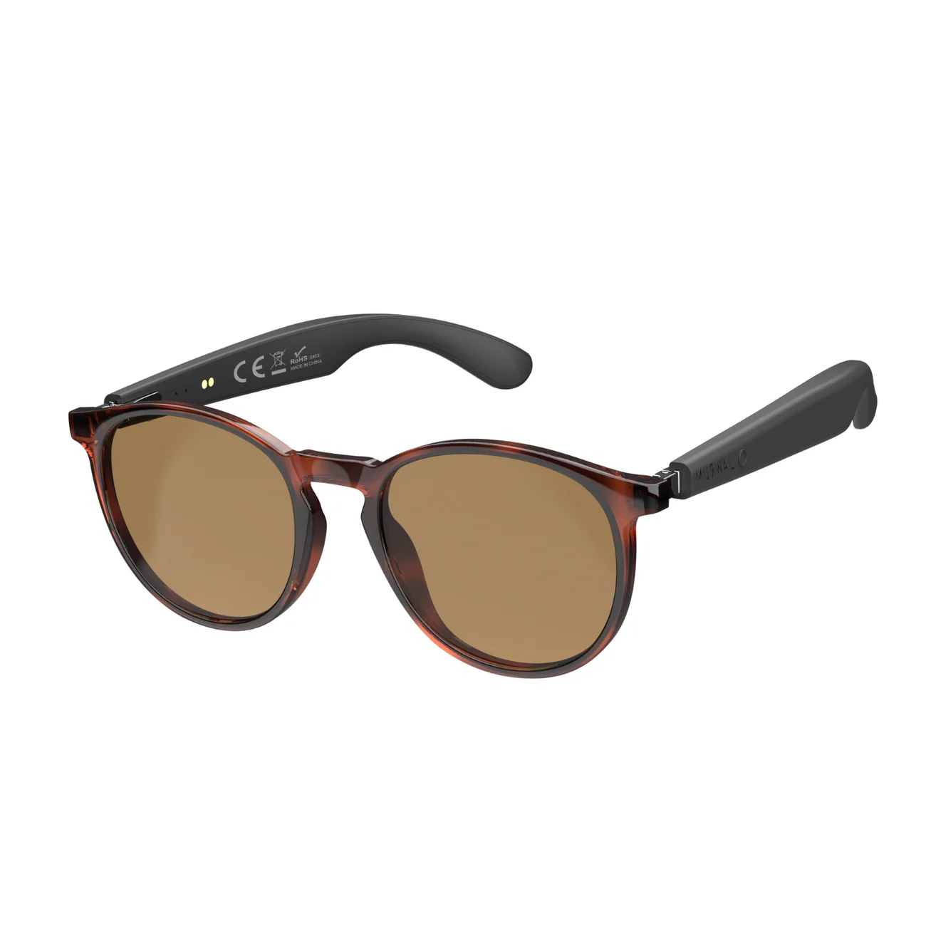 Gafas de sol carey con lentes redondas y patillas gruesas negras sobre fondo blanco.