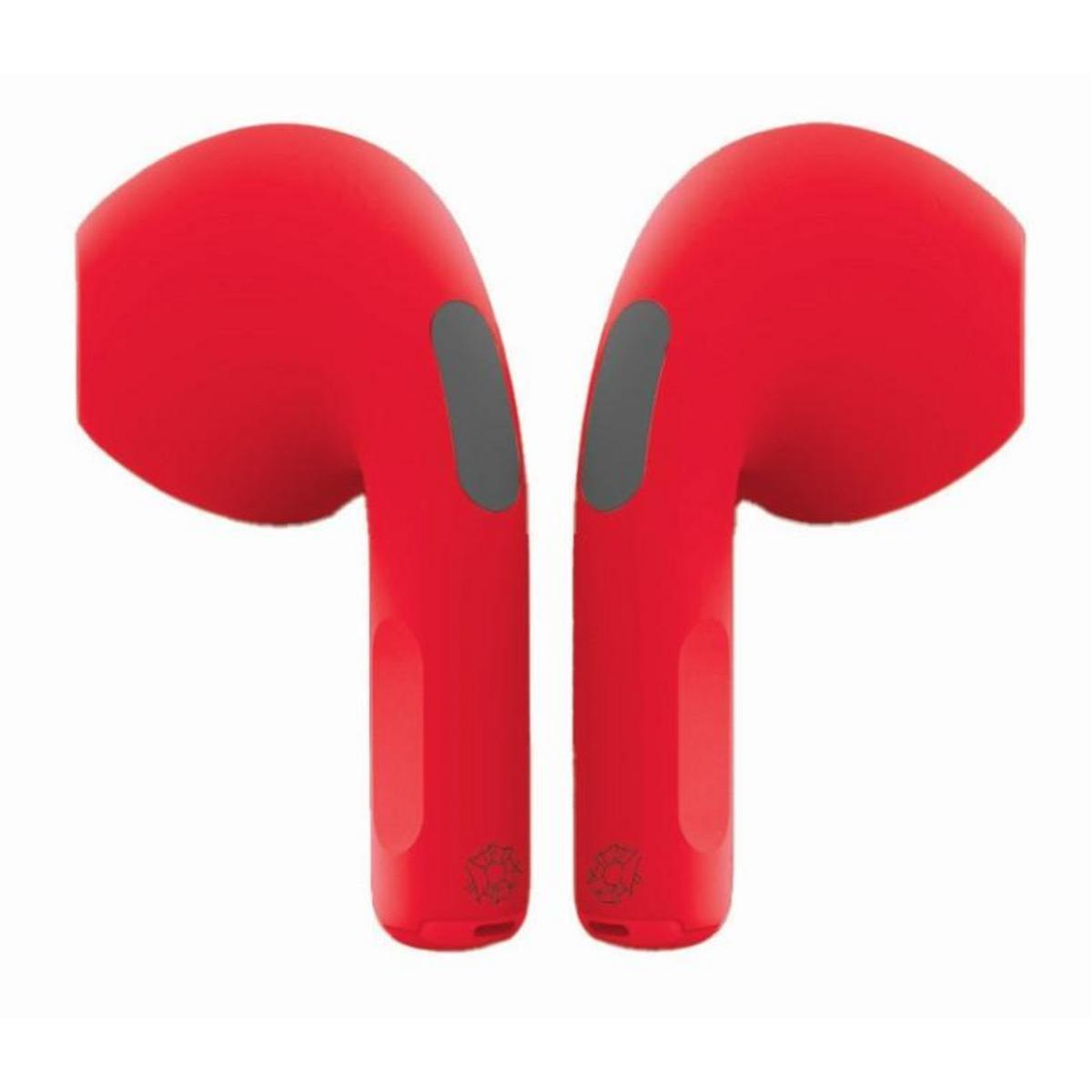 Un par de auriculares inalámbricos de color rojo vibrante sobre fondo blanco.