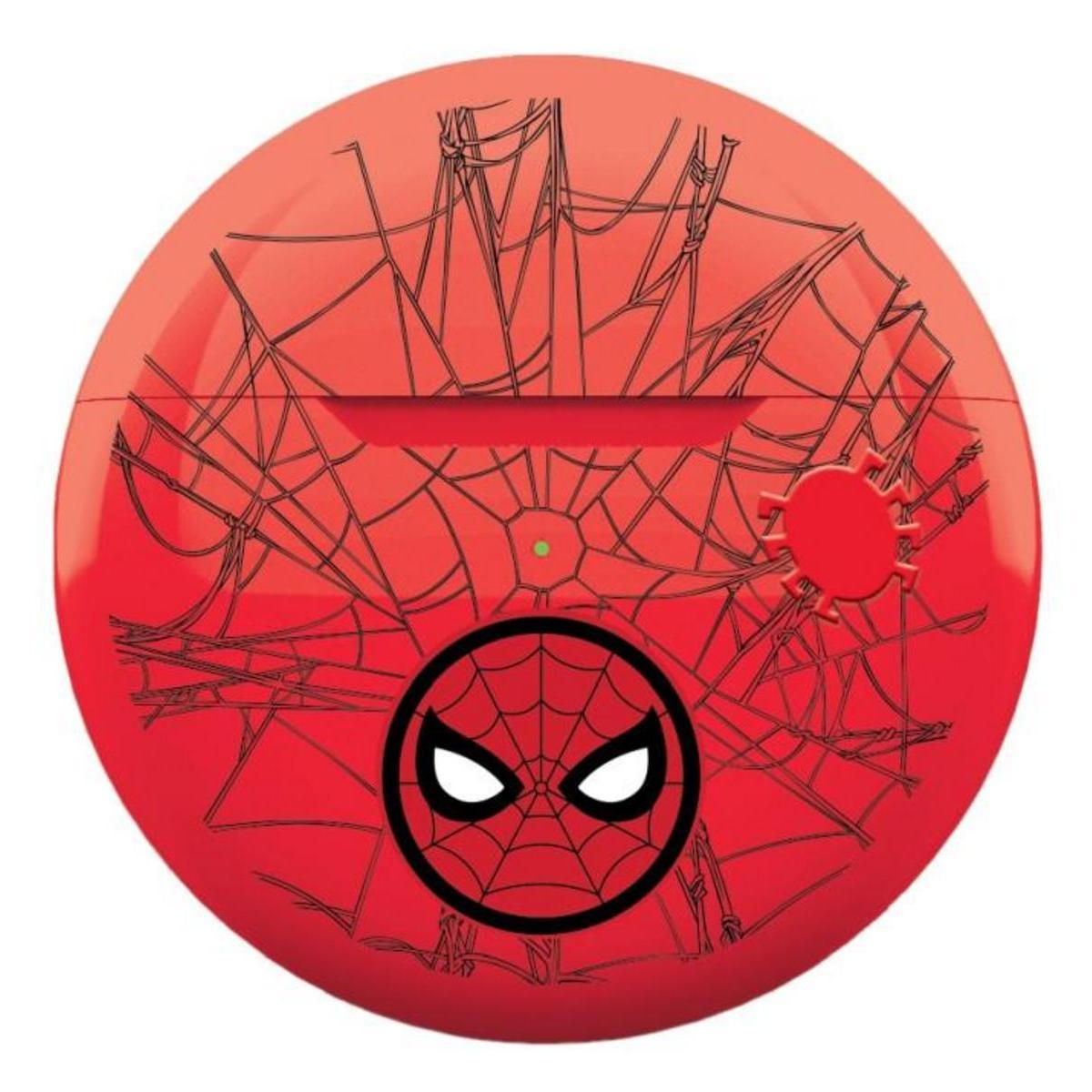 Un objeto esférico rojo con un patrón de telaraña negra y el logotipo de Spider-Man.