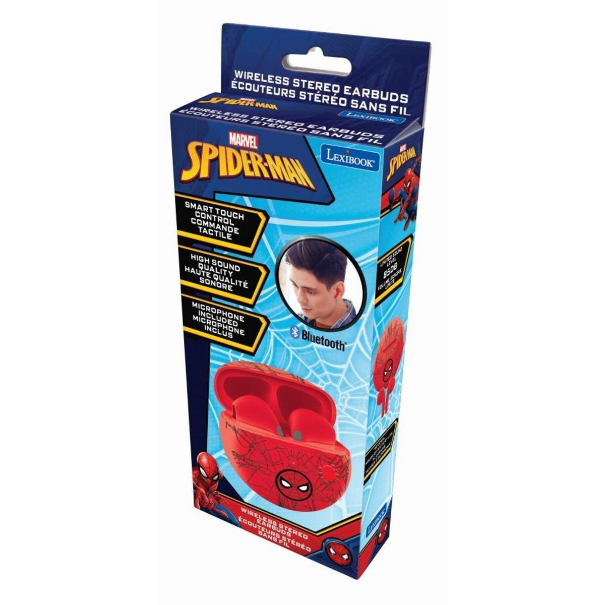 Caja de auriculares inalámbricos Spider-Man con estuche rojo, marca y características sobre fondo blanco.
