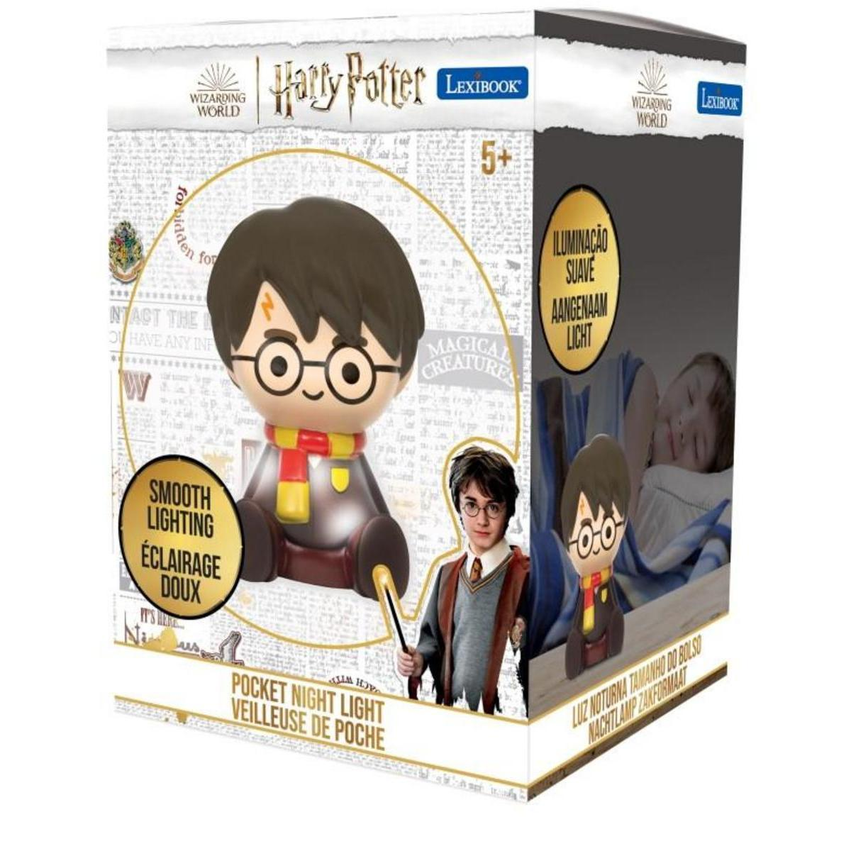 Harry Potter Taschennachtlicht-Schachtel mit niedlicher Chibi-Figur, rundem Rahmen und mehrsprachigem Text.