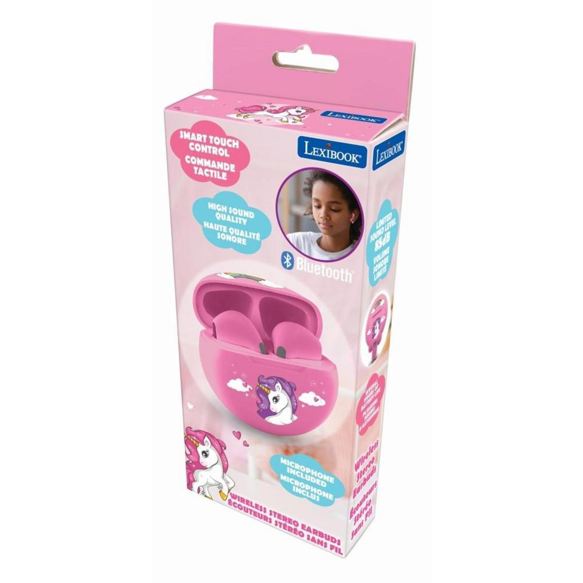 Embalaje rosa Lexibook para auriculares inalámbricos de unicornio con imágenes y texto.
