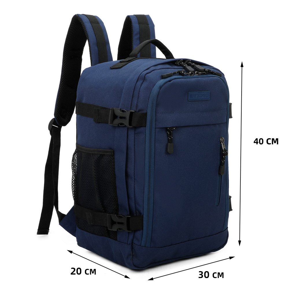 Mochila azul sobre fondo blanco con dimensiones de 40x30x20 cm.