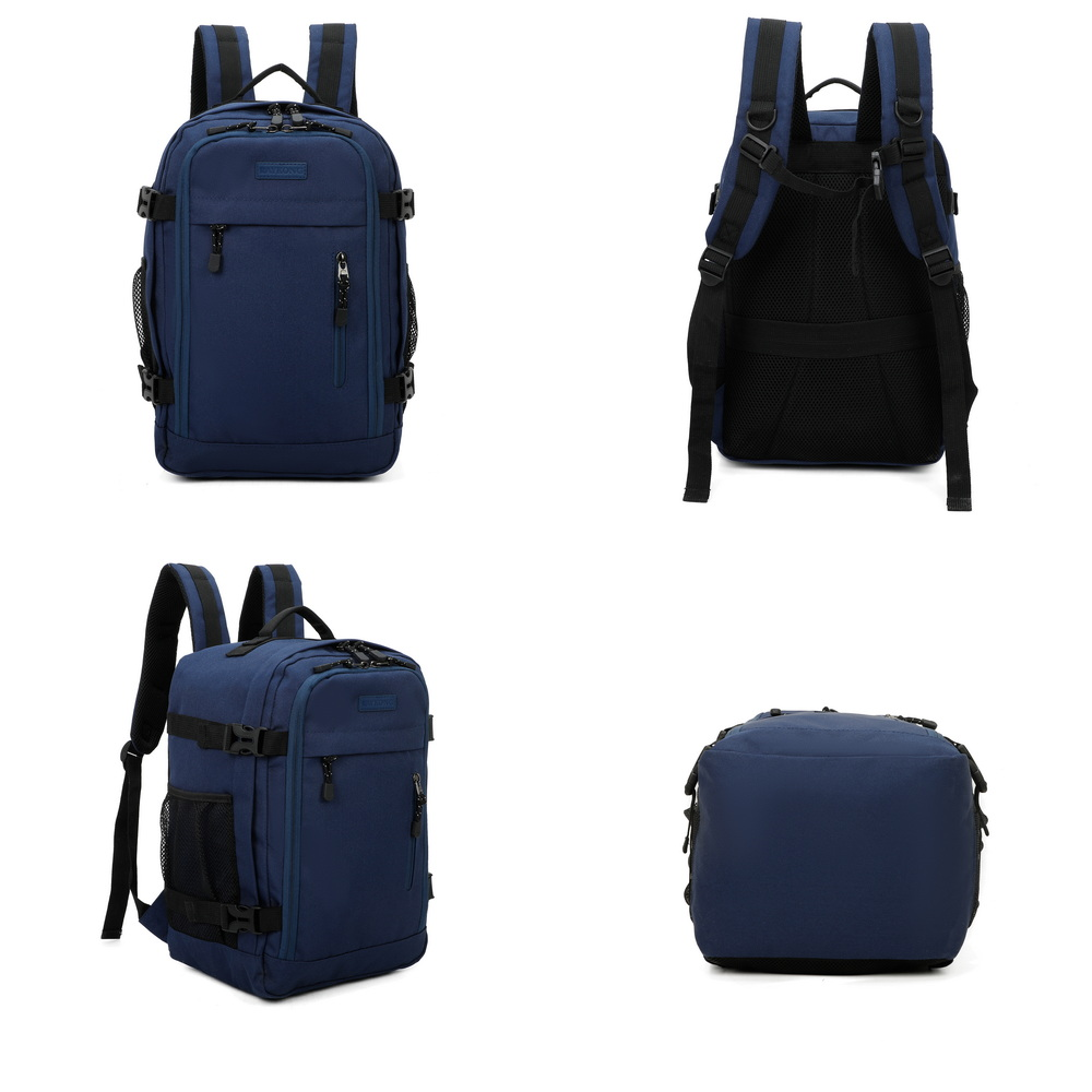 Cuatro vistas de una mochila azul con cremalleras, bolsillos y correas negras sobre un fondo blanco.