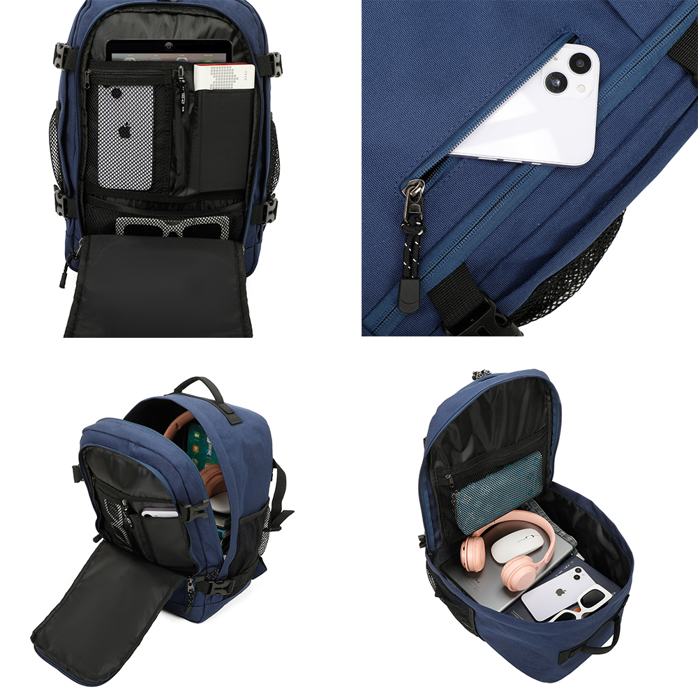 Cuatro vistas de una mochila azul, mostrando bolsillos, compartimentos y dispositivos electrónicos como una tablet y auriculares.